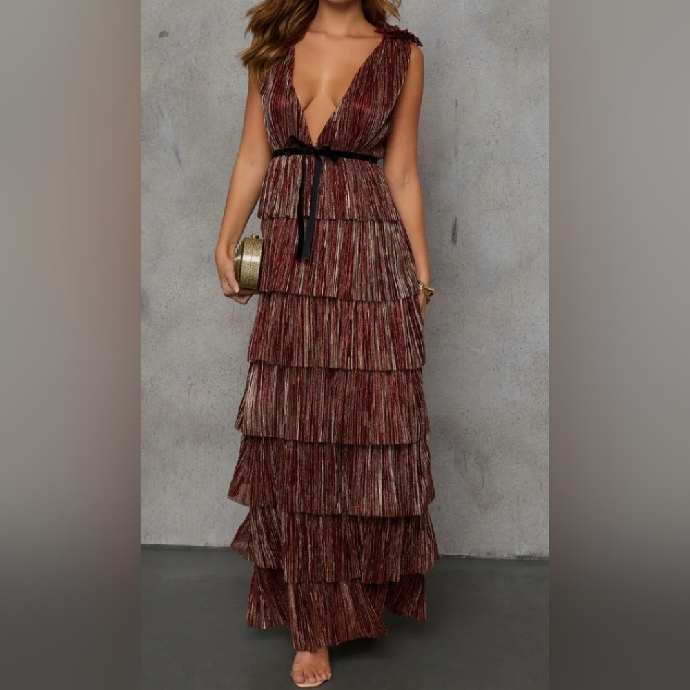 Vici Baby I Know Tiered Plisse Lurex Maxi Dress.